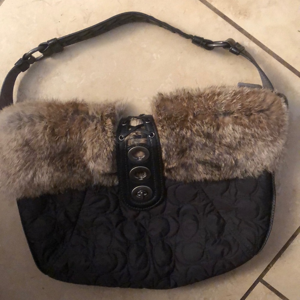Coach black nylon and rabbit fir tote bag purse
